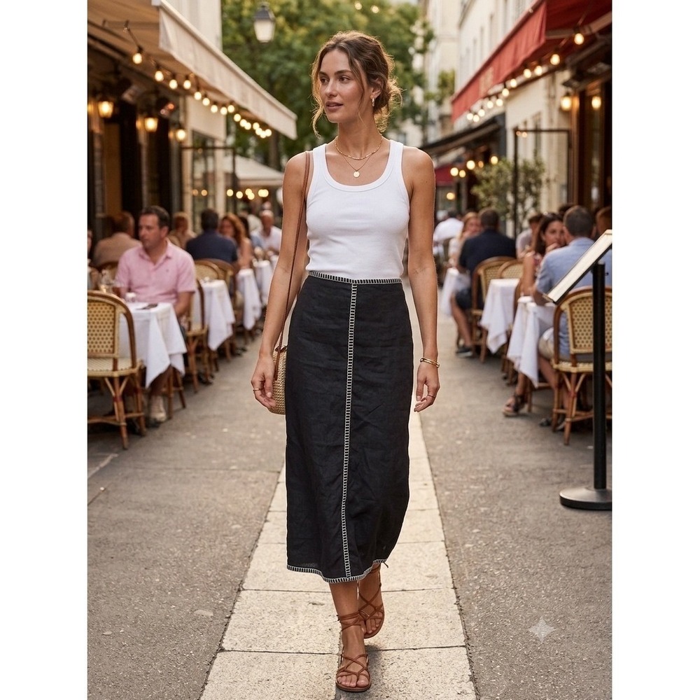 Magaschoni Black Linen Whipstitch Midi Skirt Contrast Stitch Slit Coastal Chic 8
